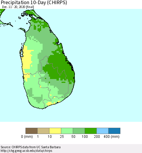 Sri Lanka Precipitation 10-Day (CHIRPS) Thematic Map For 12/11/2020 - 12/20/2020