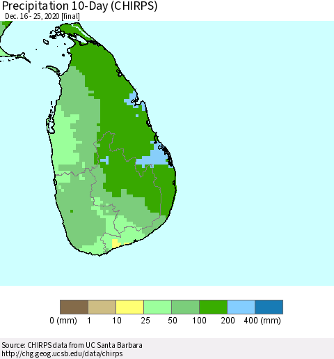Sri Lanka Precipitation 10-Day (CHIRPS) Thematic Map For 12/16/2020 - 12/25/2020
