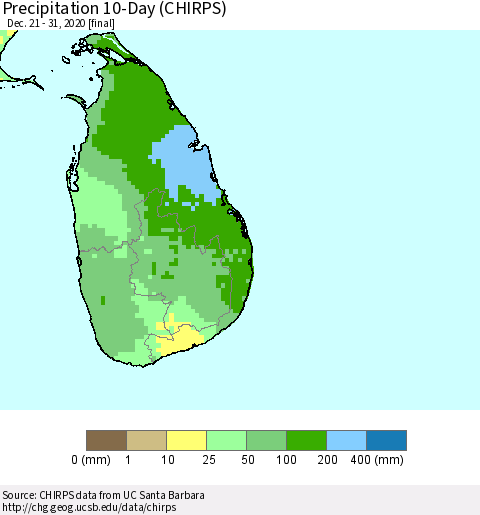 Sri Lanka Precipitation 10-Day (CHIRPS) Thematic Map For 12/21/2020 - 12/31/2020