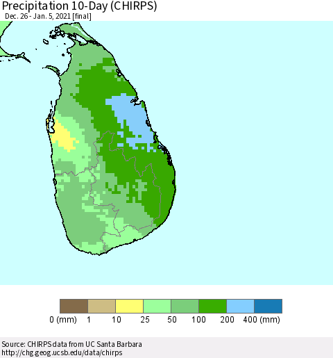 Sri Lanka Precipitation 10-Day (CHIRPS) Thematic Map For 12/26/2020 - 1/5/2021