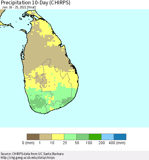 Sri Lanka Precipitation 10-Day (CHIRPS) Thematic Map For 1/16/2021 - 1/25/2021