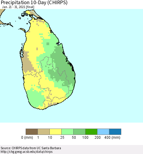 Sri Lanka Precipitation 10-Day (CHIRPS) Thematic Map For 1/21/2021 - 1/31/2021