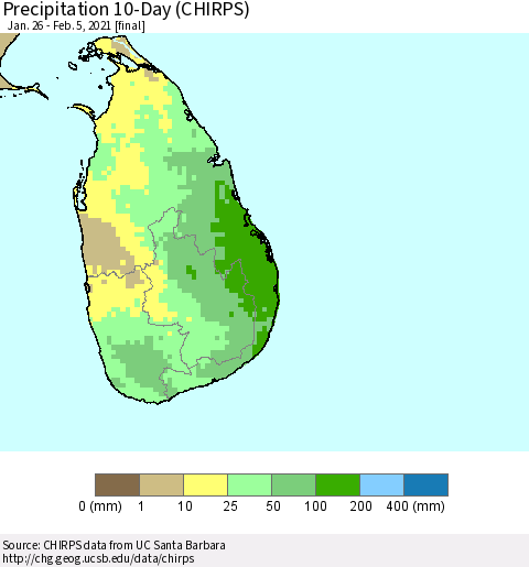 Sri Lanka Precipitation 10-Day (CHIRPS) Thematic Map For 1/26/2021 - 2/5/2021