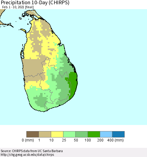 Sri Lanka Precipitation 10-Day (CHIRPS) Thematic Map For 2/1/2021 - 2/10/2021
