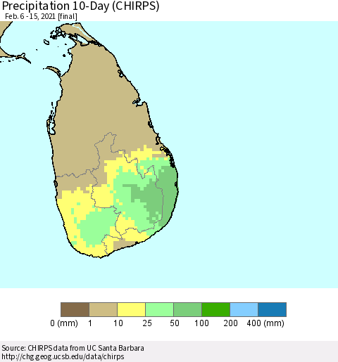 Sri Lanka Precipitation 10-Day (CHIRPS) Thematic Map For 2/6/2021 - 2/15/2021