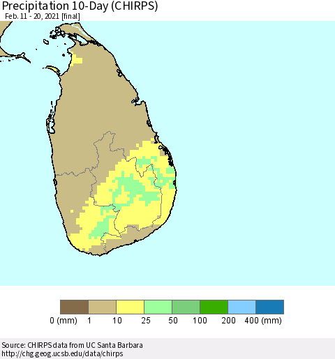 Sri Lanka Precipitation 10-Day (CHIRPS) Thematic Map For 2/11/2021 - 2/20/2021