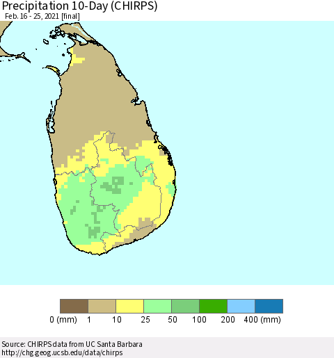 Sri Lanka Precipitation 10-Day (CHIRPS) Thematic Map For 2/16/2021 - 2/25/2021
