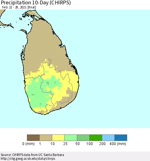 Sri Lanka Precipitation 10-Day (CHIRPS) Thematic Map For 2/21/2021 - 2/28/2021