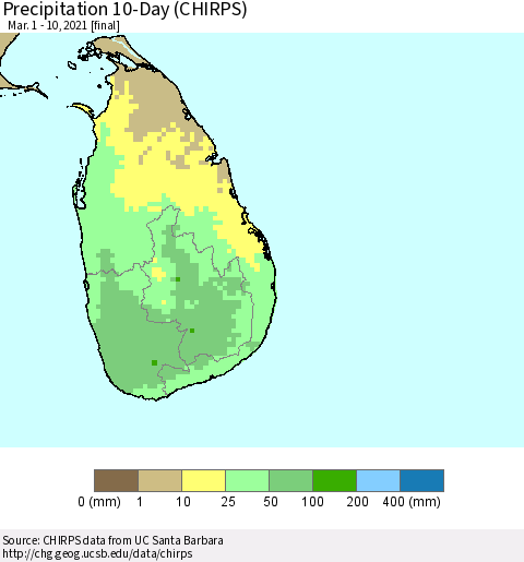 Sri Lanka Precipitation 10-Day (CHIRPS) Thematic Map For 3/1/2021 - 3/10/2021