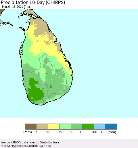 Sri Lanka Precipitation 10-Day (CHIRPS) Thematic Map For 3/6/2021 - 3/15/2021