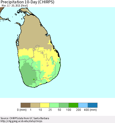 Sri Lanka Precipitation 10-Day (CHIRPS) Thematic Map For 3/11/2021 - 3/20/2021