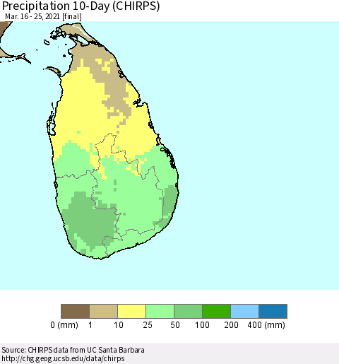 Sri Lanka Precipitation 10-Day (CHIRPS) Thematic Map For 3/16/2021 - 3/25/2021