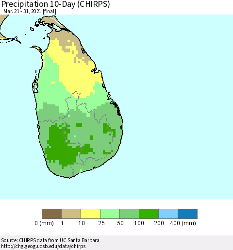Sri Lanka Precipitation 10-Day (CHIRPS) Thematic Map For 3/21/2021 - 3/31/2021