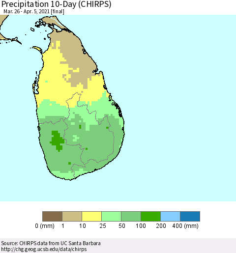 Sri Lanka Precipitation 10-Day (CHIRPS) Thematic Map For 3/26/2021 - 4/5/2021