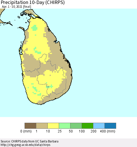 Sri Lanka Precipitation 10-Day (CHIRPS) Thematic Map For 4/1/2021 - 4/10/2021