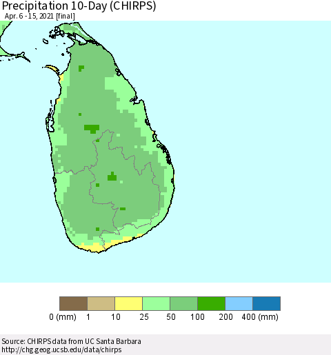 Sri Lanka Precipitation 10-Day (CHIRPS) Thematic Map For 4/6/2021 - 4/15/2021
