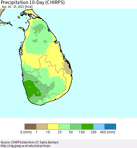 Sri Lanka Precipitation 10-Day (CHIRPS) Thematic Map For 4/16/2021 - 4/25/2021
