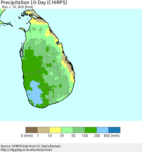 Sri Lanka Precipitation 10-Day (CHIRPS) Thematic Map For 5/1/2021 - 5/10/2021