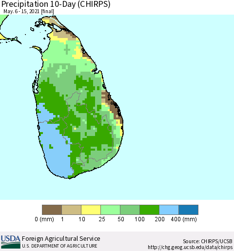 Sri Lanka Precipitation 10-Day (CHIRPS) Thematic Map For 5/6/2021 - 5/15/2021