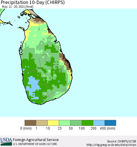 Sri Lanka Precipitation 10-Day (CHIRPS) Thematic Map For 5/11/2021 - 5/20/2021