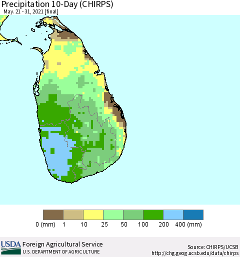 Sri Lanka Precipitation 10-Day (CHIRPS) Thematic Map For 5/21/2021 - 5/31/2021