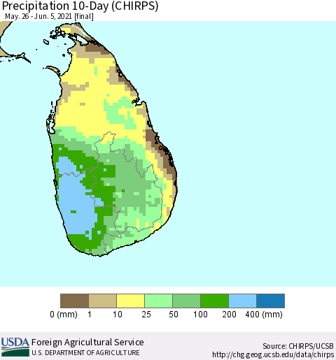 Sri Lanka Precipitation 10-Day (CHIRPS) Thematic Map For 5/26/2021 - 6/5/2021
