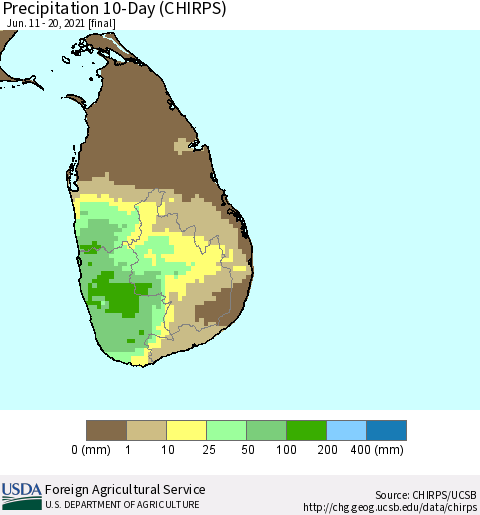 Sri Lanka Precipitation 10-Day (CHIRPS) Thematic Map For 6/11/2021 - 6/20/2021
