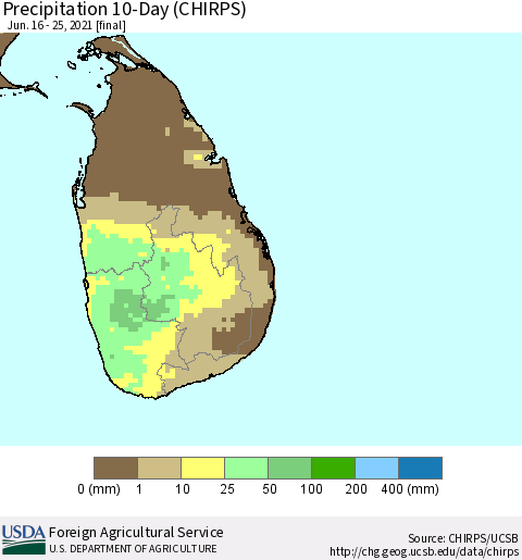 Sri Lanka Precipitation 10-Day (CHIRPS) Thematic Map For 6/16/2021 - 6/25/2021