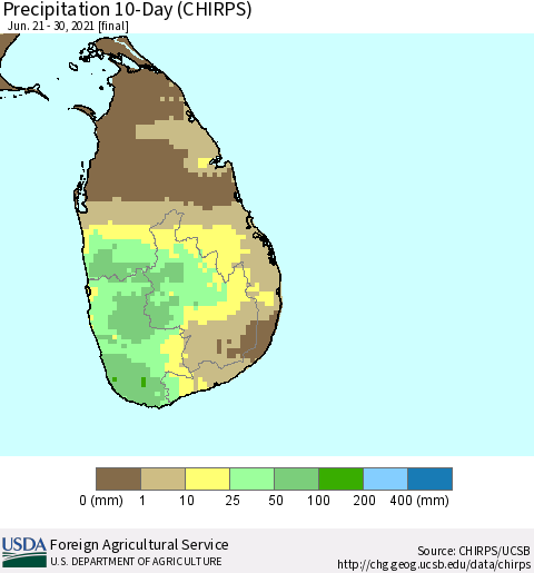 Sri Lanka Precipitation 10-Day (CHIRPS) Thematic Map For 6/21/2021 - 6/30/2021