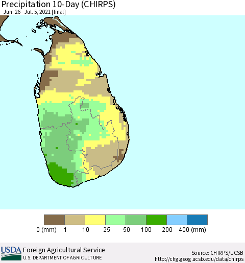 Sri Lanka Precipitation 10-Day (CHIRPS) Thematic Map For 6/26/2021 - 7/5/2021