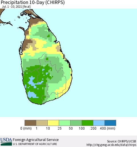 Sri Lanka Precipitation 10-Day (CHIRPS) Thematic Map For 7/1/2021 - 7/10/2021