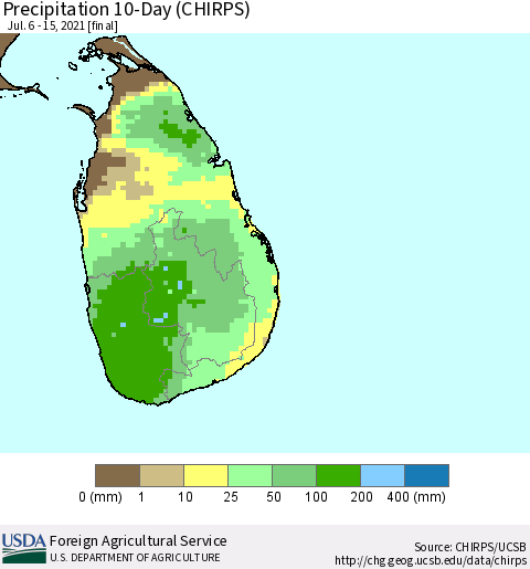 Sri Lanka Precipitation 10-Day (CHIRPS) Thematic Map For 7/6/2021 - 7/15/2021