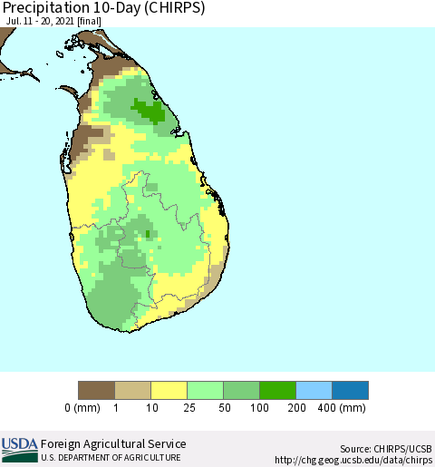 Sri Lanka Precipitation 10-Day (CHIRPS) Thematic Map For 7/11/2021 - 7/20/2021