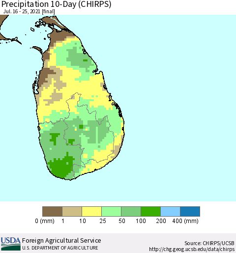 Sri Lanka Precipitation 10-Day (CHIRPS) Thematic Map For 7/16/2021 - 7/25/2021