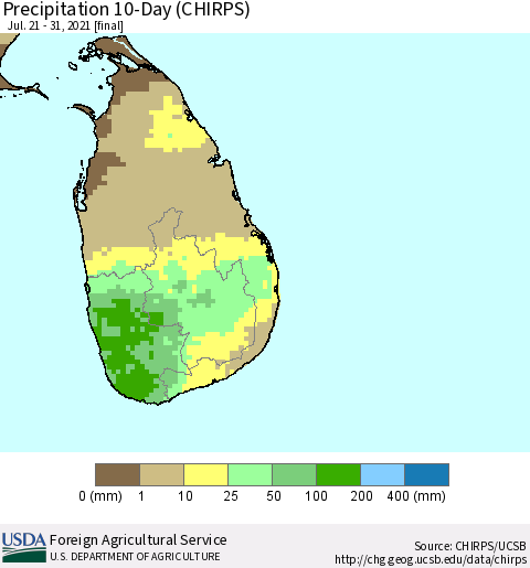 Sri Lanka Precipitation 10-Day (CHIRPS) Thematic Map For 7/21/2021 - 7/31/2021