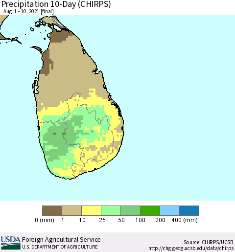 Sri Lanka Precipitation 10-Day (CHIRPS) Thematic Map For 8/1/2021 - 8/10/2021