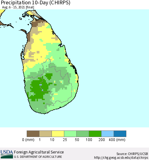 Sri Lanka Precipitation 10-Day (CHIRPS) Thematic Map For 8/6/2021 - 8/15/2021