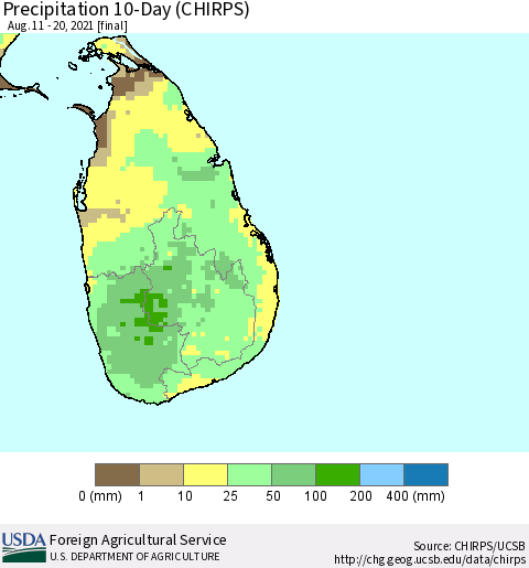 Sri Lanka Precipitation 10-Day (CHIRPS) Thematic Map For 8/11/2021 - 8/20/2021