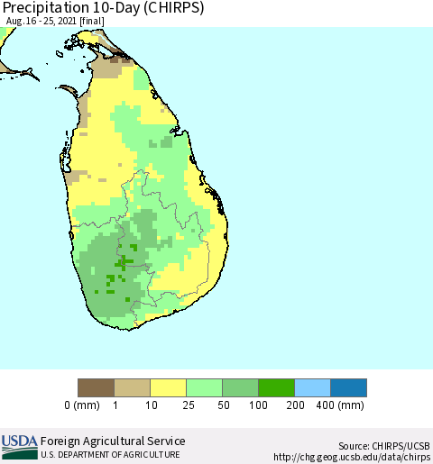 Sri Lanka Precipitation 10-Day (CHIRPS) Thematic Map For 8/16/2021 - 8/25/2021