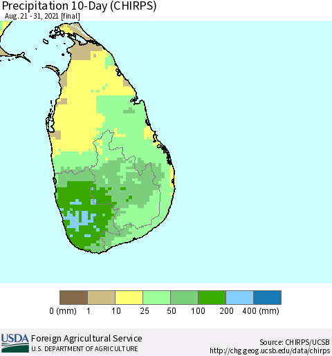 Sri Lanka Precipitation 10-Day (CHIRPS) Thematic Map For 8/21/2021 - 8/31/2021