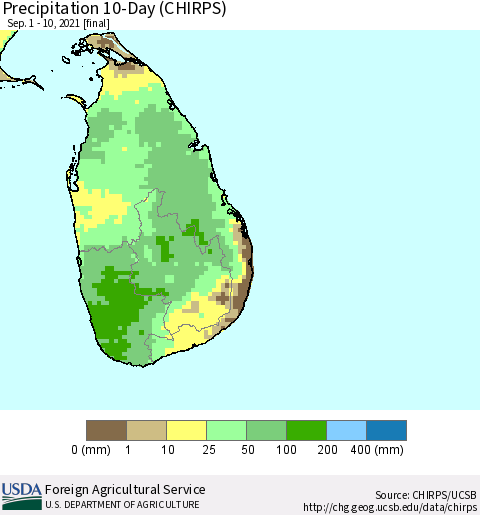 Sri Lanka Precipitation 10-Day (CHIRPS) Thematic Map For 9/1/2021 - 9/10/2021