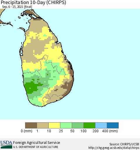 Sri Lanka Precipitation 10-Day (CHIRPS) Thematic Map For 9/6/2021 - 9/15/2021