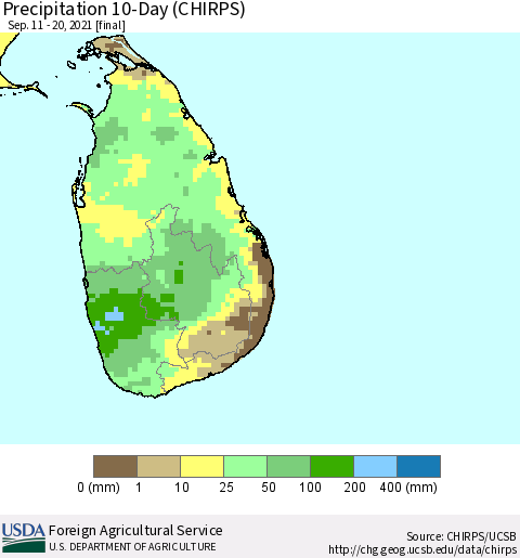 Sri Lanka Precipitation 10-Day (CHIRPS) Thematic Map For 9/11/2021 - 9/20/2021