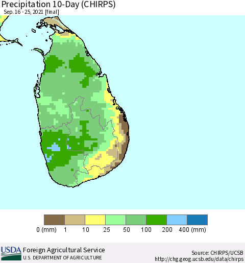 Sri Lanka Precipitation 10-Day (CHIRPS) Thematic Map For 9/16/2021 - 9/25/2021