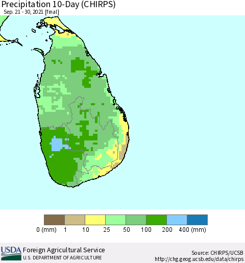 Sri Lanka Precipitation 10-Day (CHIRPS) Thematic Map For 9/21/2021 - 9/30/2021