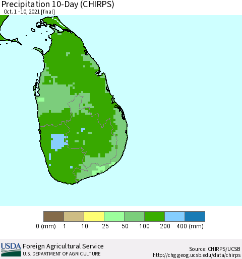 Sri Lanka Precipitation 10-Day (CHIRPS) Thematic Map For 10/1/2021 - 10/10/2021