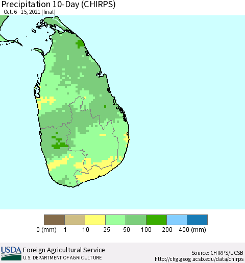 Sri Lanka Precipitation 10-Day (CHIRPS) Thematic Map For 10/6/2021 - 10/15/2021
