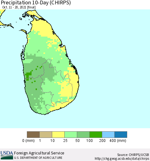 Sri Lanka Precipitation 10-Day (CHIRPS) Thematic Map For 10/11/2021 - 10/20/2021