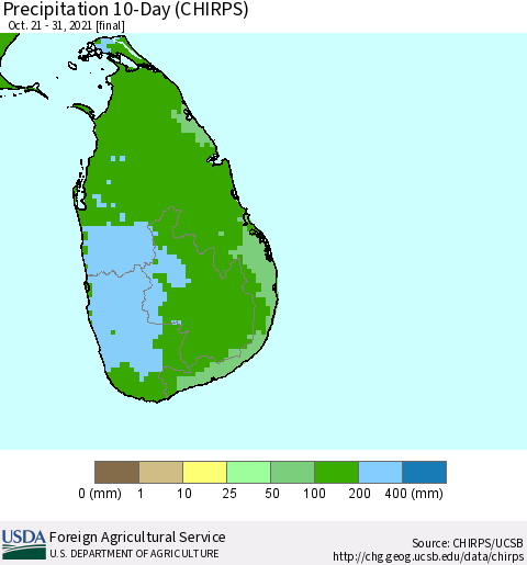 Sri Lanka Precipitation 10-Day (CHIRPS) Thematic Map For 10/21/2021 - 10/31/2021
