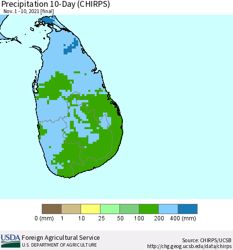 Sri Lanka Precipitation 10-Day (CHIRPS) Thematic Map For 11/1/2021 - 11/10/2021